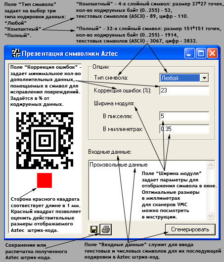 Генератор 2-D штрих кода - Aztec: Интерфейс программы
